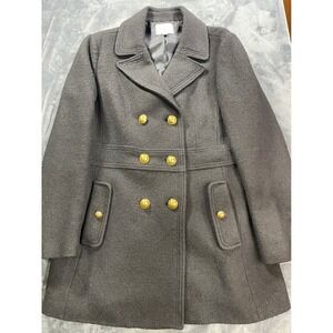 LOFT Black Wool Blend Double Breasted Military Pea Coat Brass Buttons Size 14